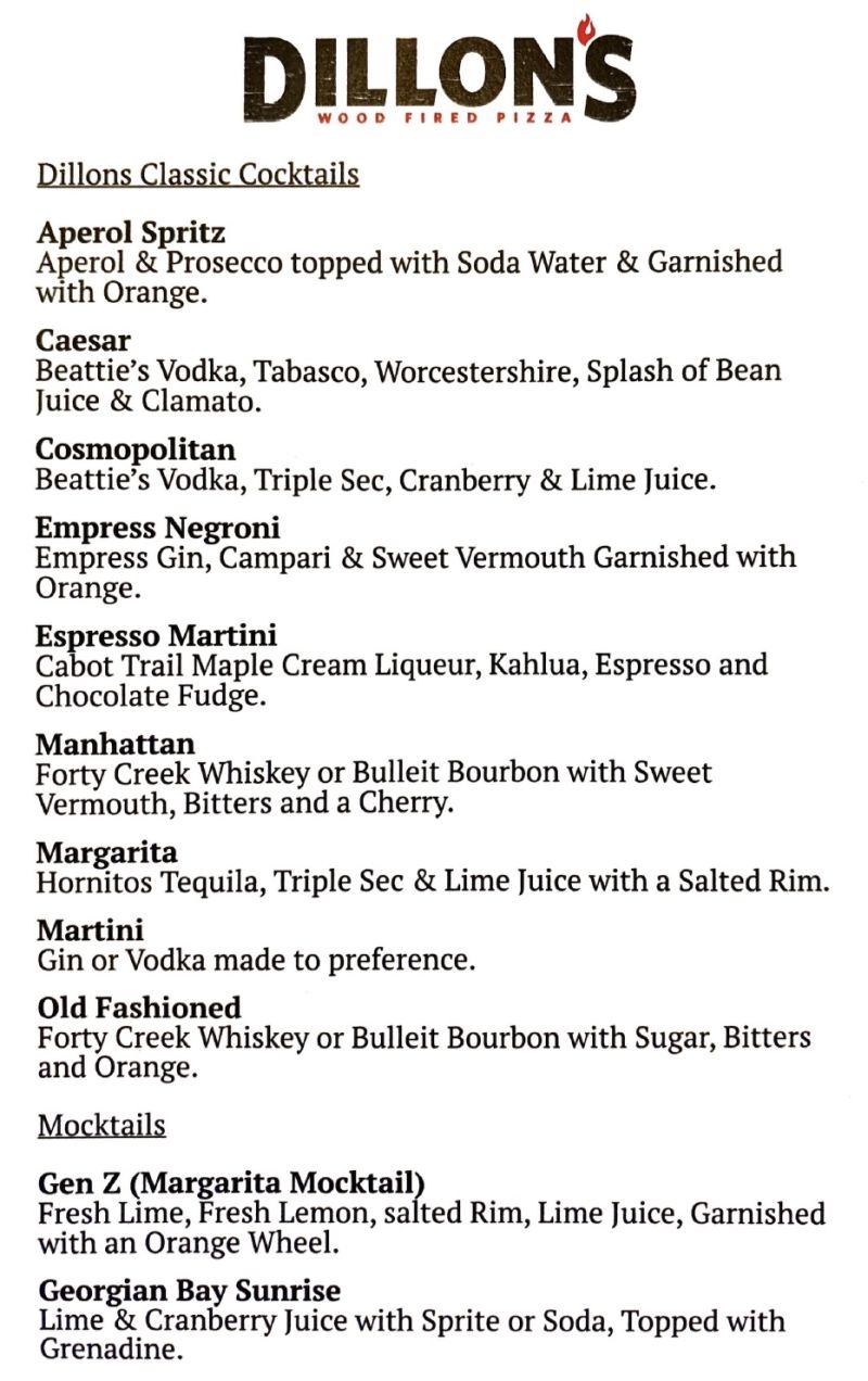 Dillon's Wood Fired Pizza Appetizer Menu